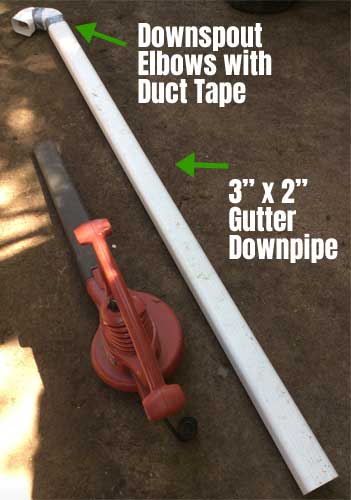 Homemade Gutter Blower Attachment with Vinyl Downpipe, Downspout Elbows and Duct Tape